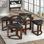 Table basse ronde avec plateau en verre et 4 tabourets en similicuir | Finition espresso | Diamètre 36 po | Gain de place