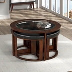 Table basse ronde avec plateau en verre et 4 tabourets en similicuir | Finition espresso | Diamètre 36 po | Gain de place