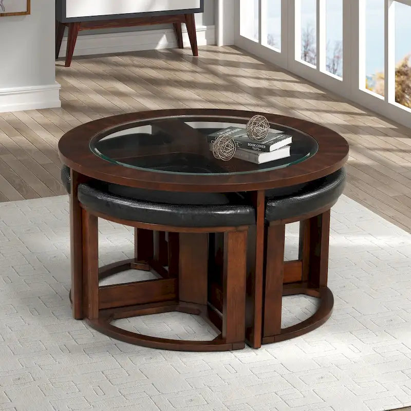 Table basse ronde avec plateau en verre et 4 tabourets en similicuir | Finition espresso | Diamètre 36 po | Gain de place