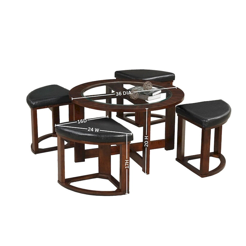 Table basse ronde avec plateau en verre et 4 tabourets en similicuir | Finition espresso | Diamètre 36 po | Gain de place