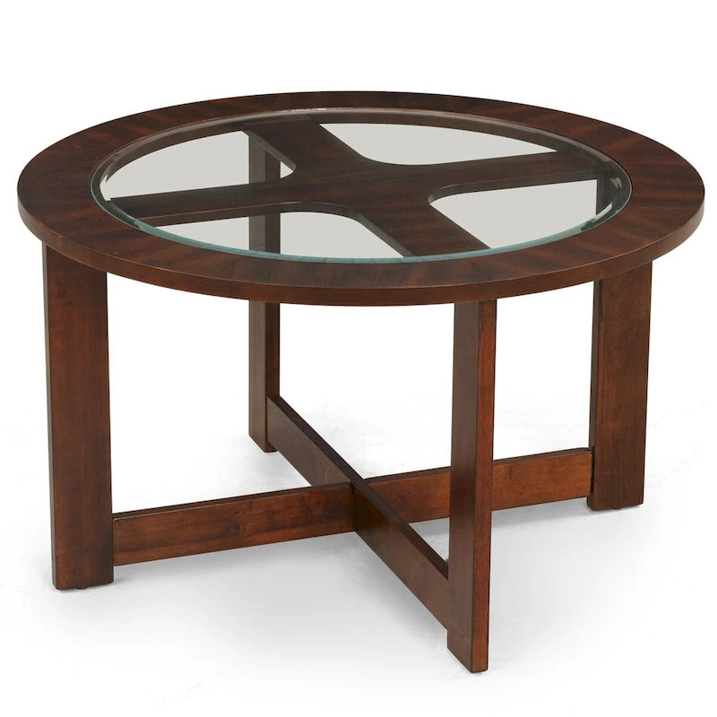 Table basse ronde avec plateau en verre et 4 tabourets en similicuir | Finition espresso | Diamètre 36 po | Gain de place