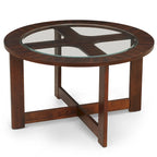 Table basse ronde avec plateau en verre et 4 tabourets en similicuir | Finition espresso | Diamètre 36 po | Gain de place