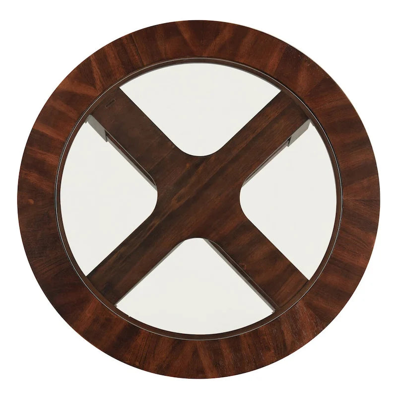 Table basse ronde avec plateau en verre et 4 tabourets en similicuir | Finition espresso | Diamètre 36 po | Gain de place