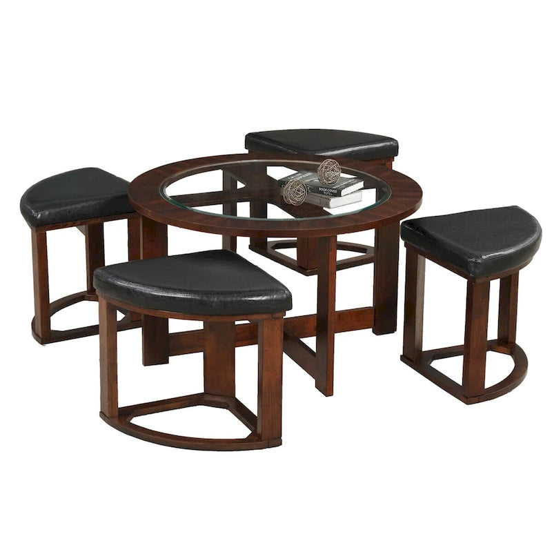 Table basse ronde avec plateau en verre et 4 tabourets en similicuir | Finition espresso | Diamètre 36 po | Gain de place