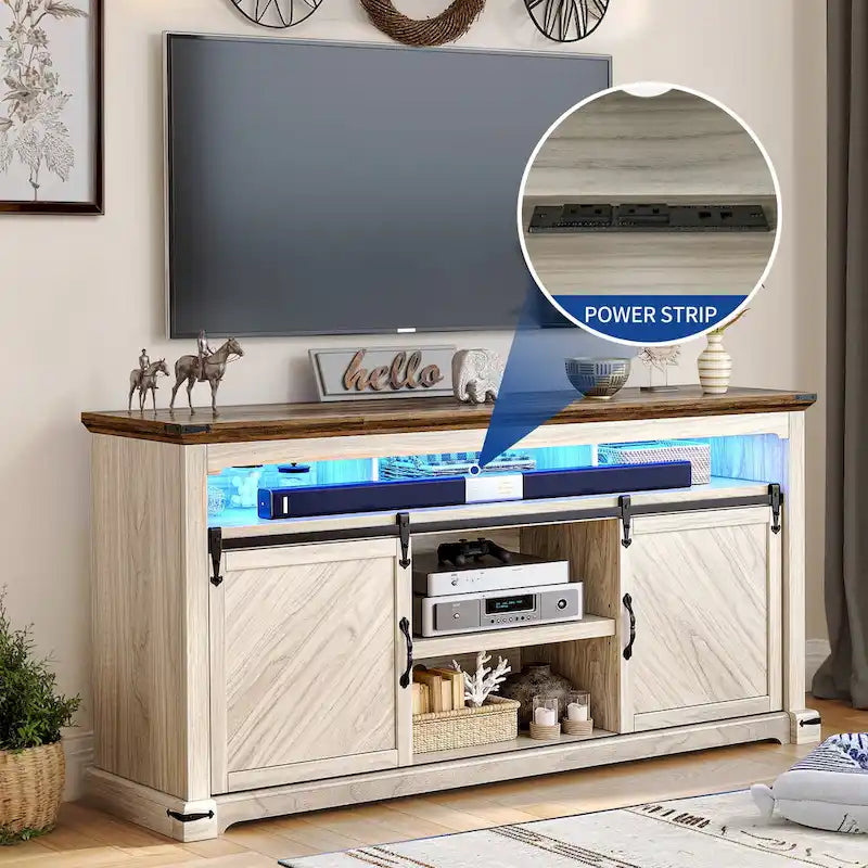 Meuble TV de ferme pour téléviseur de 75 po | Porte coulissante | Lumières LED RGB | 2 prises 2 USB | 66"L