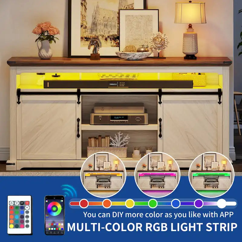 Meuble TV de ferme pour téléviseur de 75 po | Porte coulissante | Lumières LED RGB | 2 prises 2 USB | 66"L