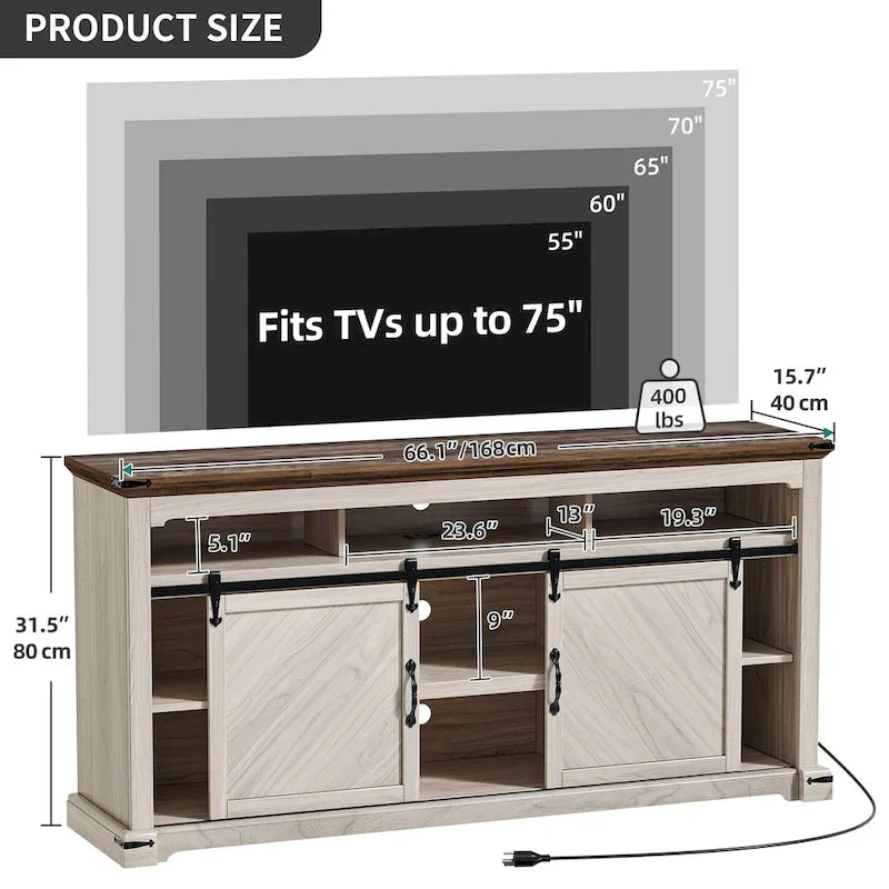 Meuble TV de ferme pour téléviseur de 75 po | Porte coulissante | Lumières LED RGB | 2 prises 2 USB | 66"L