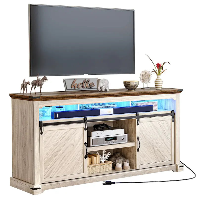 Meuble TV de ferme pour téléviseur de 75 po | Porte coulissante | Lumières LED RGB | 2 prises 2 USB | 66"L
