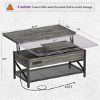 Table basse multifonctionnelle de style campagnard avec plateau relevable, se transforme en table à manger, avec lumière LED et prise de courant.