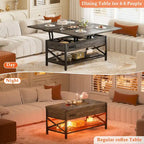 Table basse multifonctionnelle de style campagnard avec plateau relevable, se transforme en table à manger, avec lumière LED et prise de courant.