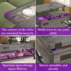Table basse multifonctionnelle de style campagnard avec plateau relevable, se transforme en table à manger, avec lumière LED et prise de courant.