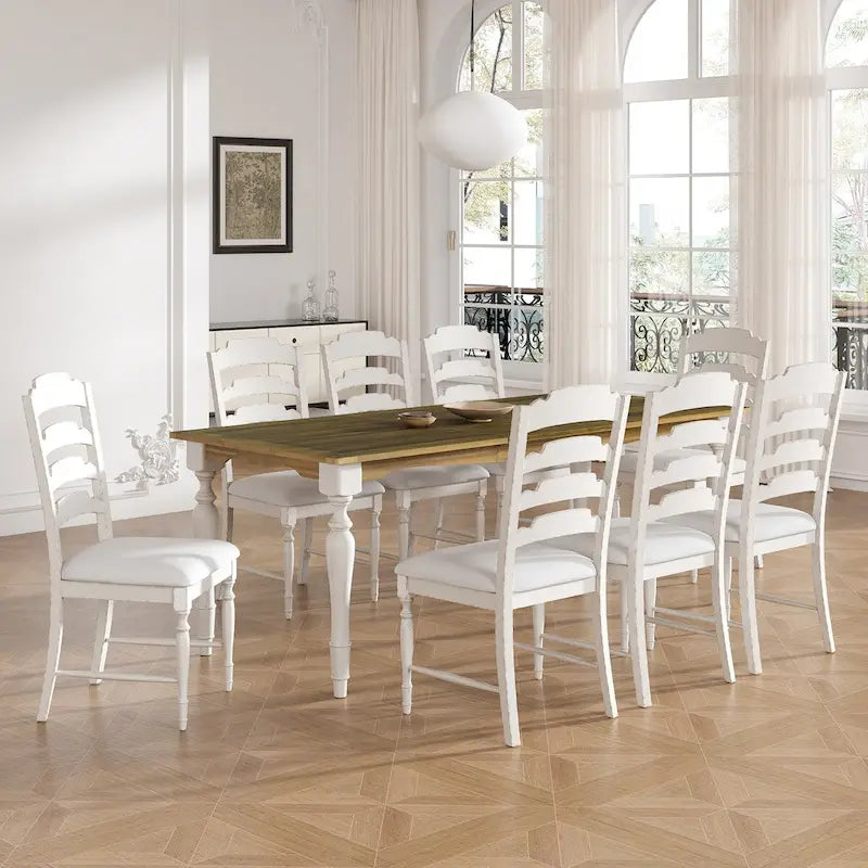 Ensemble de salle à manger 9 pièces avec table extensible et 8 chaises rembourrées