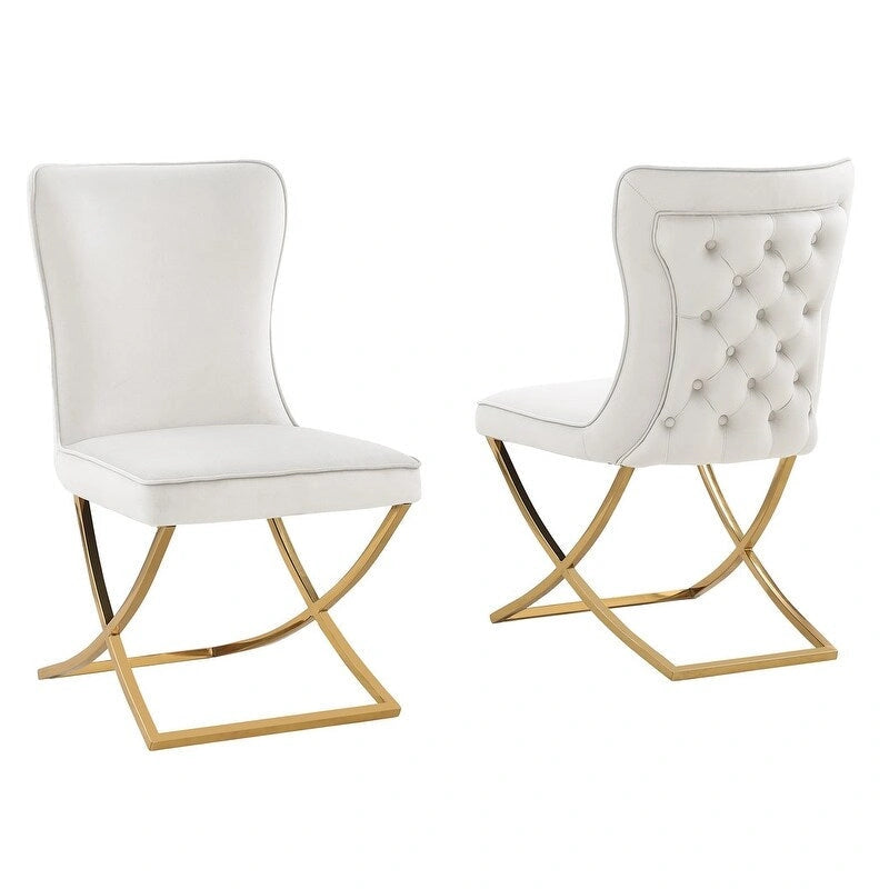 Chaises d'appoint capitonnées en velours, lot de 2 | Cadre en bois d'ingénierie | Pieds en métal inclinés | Dossier à effet capitonné