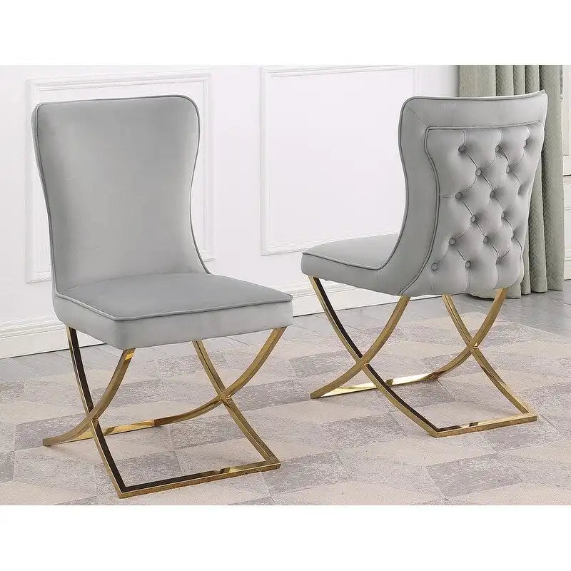 Chaises d'appoint capitonnées en velours, lot de 2 | Cadre en bois d'ingénierie | Pieds en métal inclinés | Dossier à effet capitonné