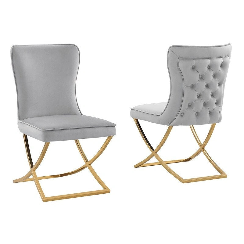 Chaises d'appoint capitonnées en velours, lot de 2 | Cadre en bois d'ingénierie | Pieds en métal inclinés | Dossier à effet capitonné