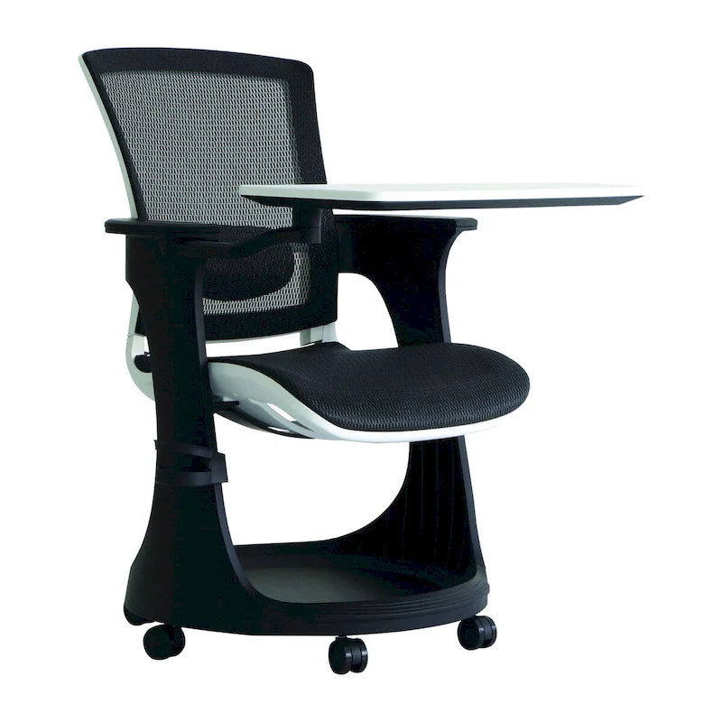 Chaise roulante pour étudiant avec pupitre pivotant et rangement sous l'assise | Dossier en maille | Support lombaire réglable