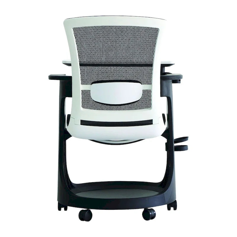 Chaise roulante pour étudiant avec pupitre pivotant et rangement sous l'assise | Dossier en maille | Support lombaire réglable