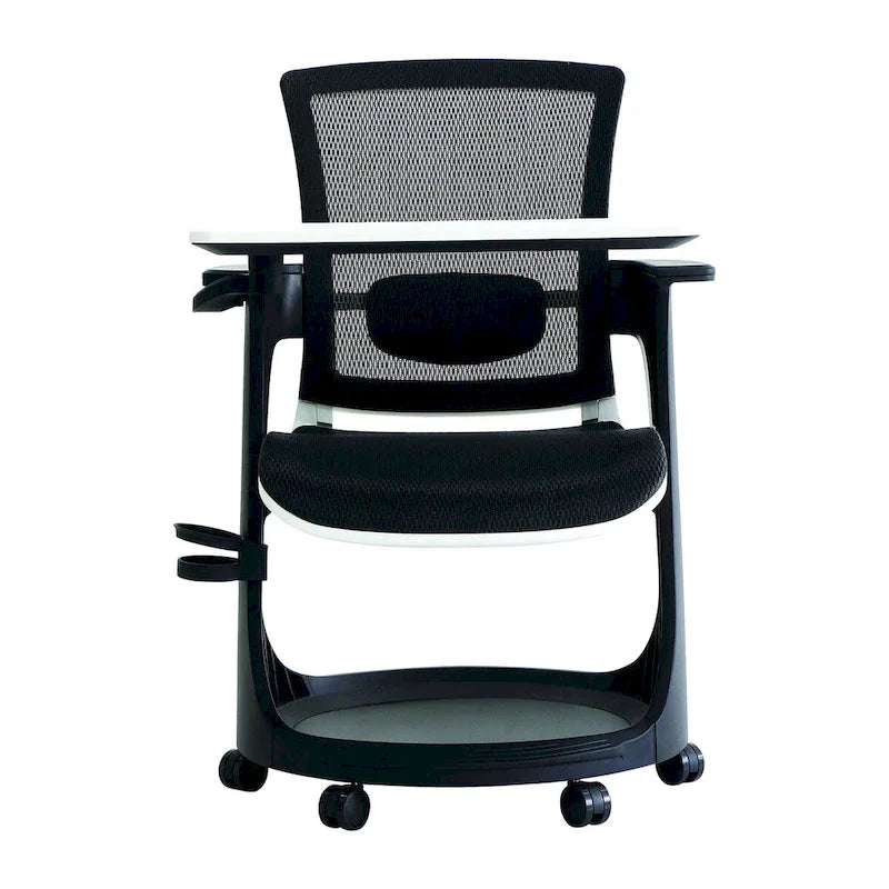 Chaise roulante pour étudiant avec pupitre pivotant et rangement sous l'assise | Dossier en maille | Support lombaire réglable