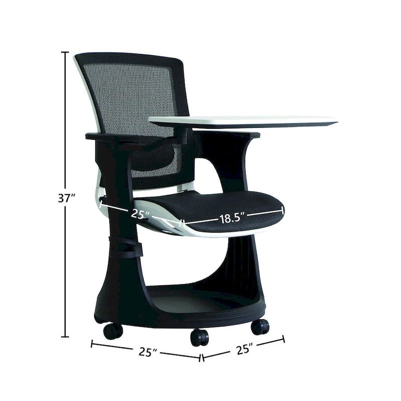 Chaise roulante pour étudiant avec pupitre pivotant et rangement sous l'assise | Dossier en maille | Support lombaire réglable