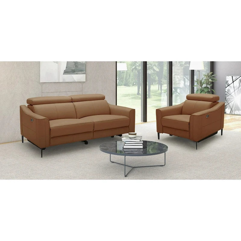 Fauteuil inclinable électrique moderne Camel en cuir véritable | Appuie-tête réglable | Cadre en noyer | Moteur simple