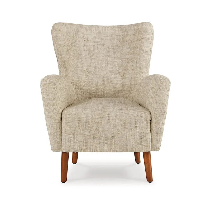 Fauteuil d'appoint dossier haut beige | Tissu performance résistant aux UV | Accoudoirs incurvés | Pieds coniques en bois
