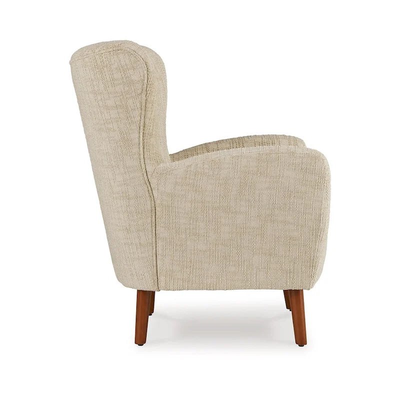 Fauteuil d'appoint dossier haut beige | Tissu performance résistant aux UV | Accoudoirs incurvés | Pieds coniques en bois