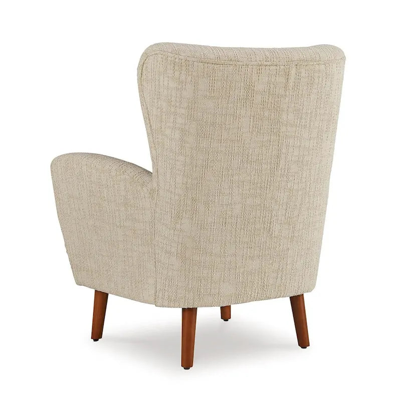 Fauteuil d'appoint dossier haut beige | Tissu performance résistant aux UV | Accoudoirs incurvés | Pieds coniques en bois