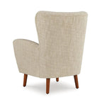 Fauteuil d'appoint dossier haut beige | Tissu performance résistant aux UV | Accoudoirs incurvés | Pieds coniques en bois