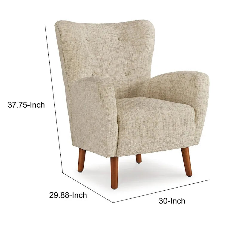 Fauteuil d'appoint dossier haut beige | Tissu performance résistant aux UV | Accoudoirs incurvés | Pieds coniques en bois