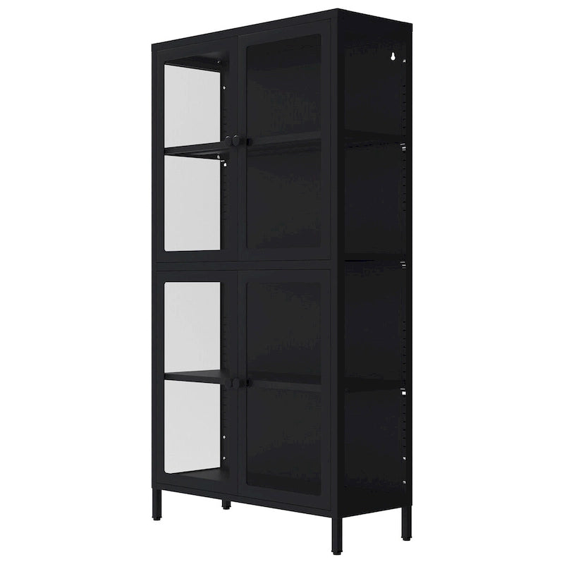Meuble de rangement à quatre portes vitrées avec étagères et pieds réglables en acier laminé à froid