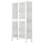 Meuble de rangement à quatre portes vitrées avec étagères et pieds réglables en acier laminé à froid