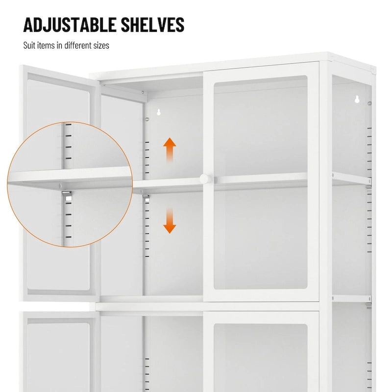 Meuble de rangement à quatre portes vitrées avec étagères et pieds réglables en acier laminé à froid