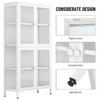 Meuble de rangement à quatre portes vitrées avec étagères et pieds réglables en acier laminé à froid