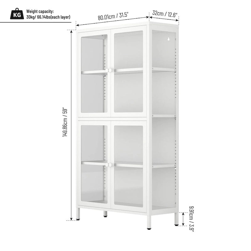 Meuble de rangement à quatre portes vitrées avec étagères et pieds réglables en acier laminé à froid