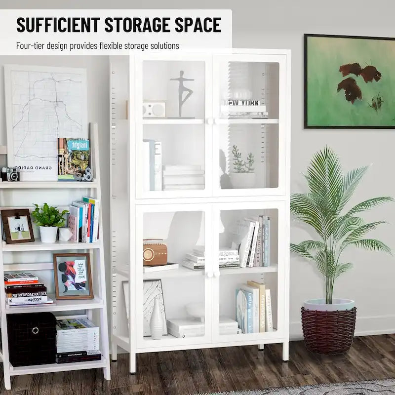 Meuble de rangement à quatre portes vitrées avec étagères et pieds réglables en acier laminé à froid