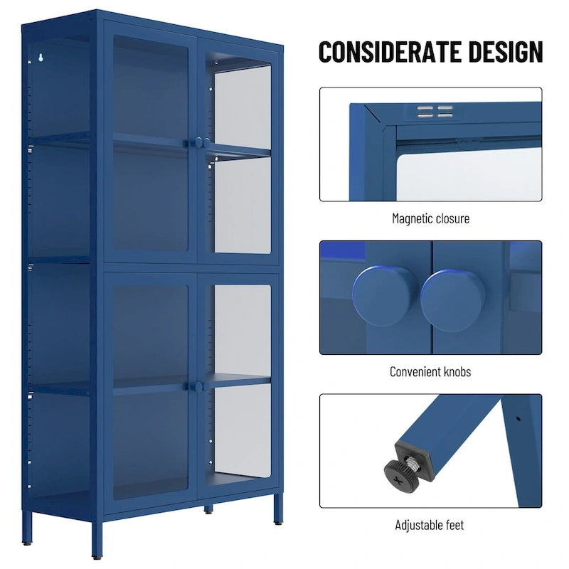 Meuble de rangement à quatre portes vitrées avec étagères et pieds réglables en acier laminé à froid