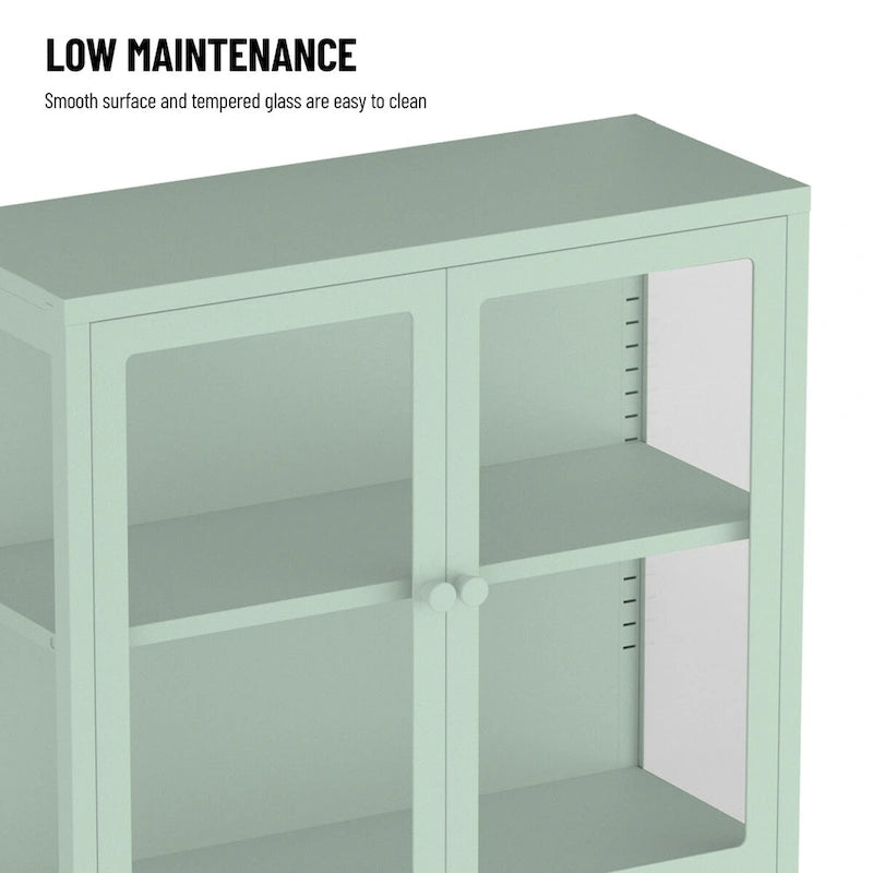 Meuble de rangement à quatre portes vitrées avec étagères et pieds réglables en acier laminé à froid