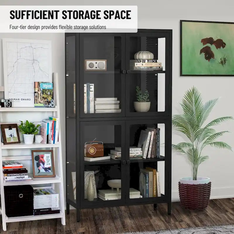 Meuble de rangement à quatre portes vitrées avec étagères et pieds réglables en acier laminé à froid