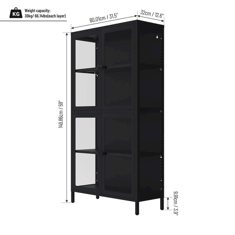 Meuble de rangement à quatre portes vitrées avec étagères et pieds réglables en acier laminé à froid