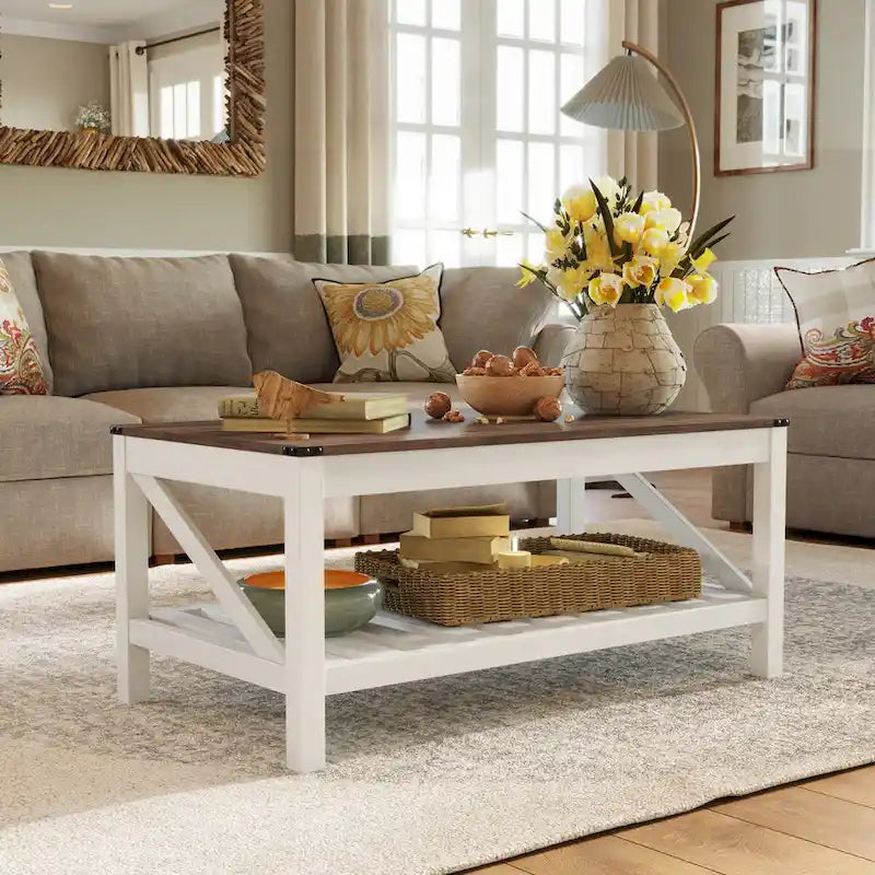 Table basse de ferme avec étagère inférieure ouverte | MDF | Coins antichoc | 102 cm (40,2 po) de largeur