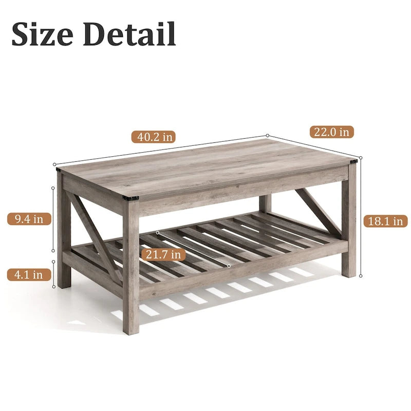 Table basse de ferme avec étagère inférieure ouverte | MDF | Coins antichoc | 102 cm (40,2 po) de largeur