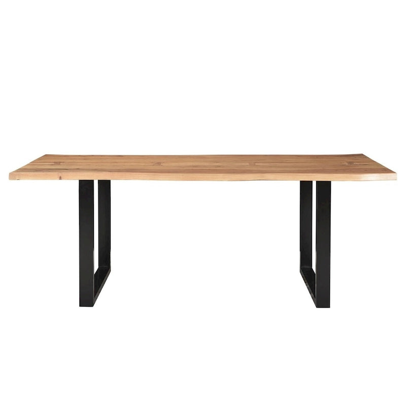 Table de salle à manger en acacia de 96 po à bord brut | Clavettes papillon | Pieds en fer noir | Résistant aux rayures et à l'eau
