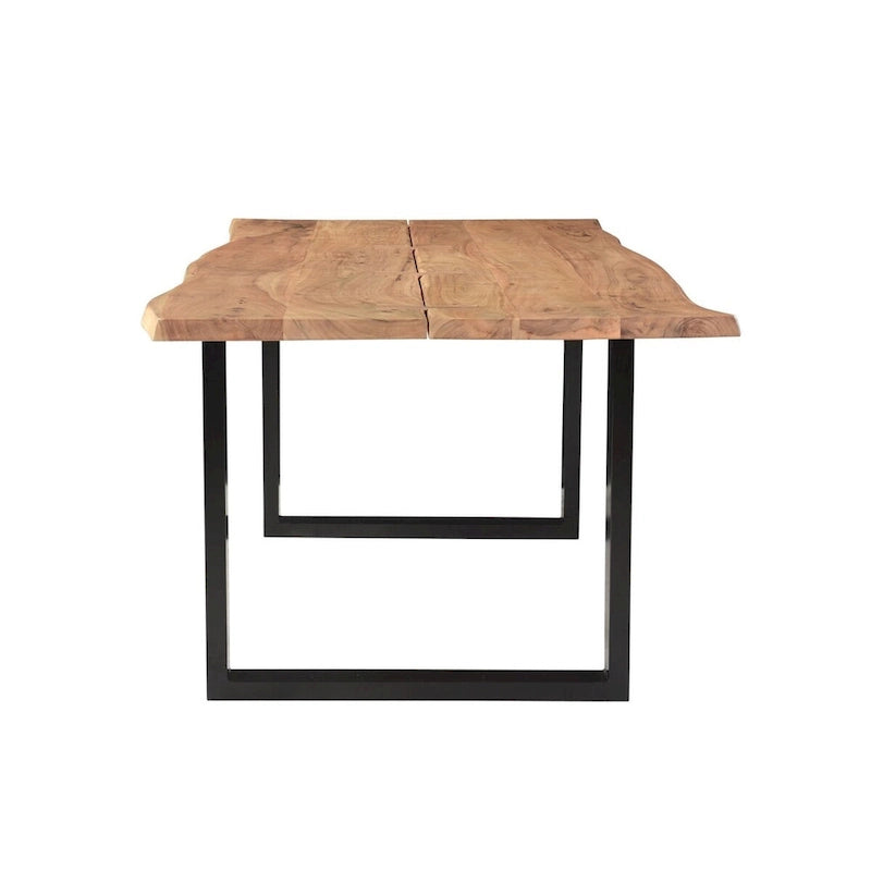 Table de salle à manger en acacia de 96 po à bord brut | Clavettes papillon | Pieds en fer noir | Résistant aux rayures et à l'eau