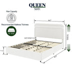 Lit plateforme queen en bouclette ivoire avec 2 tiroirs de rangement | Tête de lit incurvée | 450 kg | Pas besoin de sommier tapissier