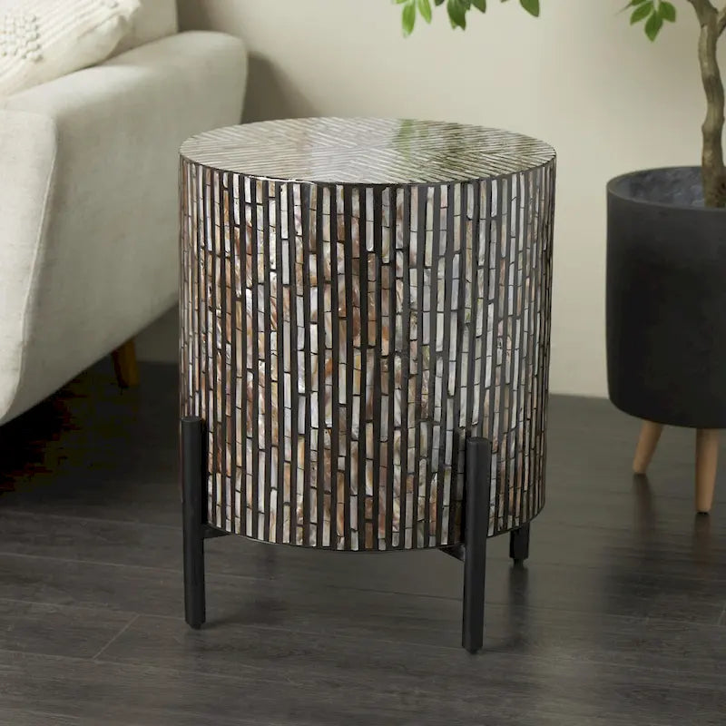 Table d'appoint d'appoint avec incrustation géométrique en nacre coquillage fait main | Pieds noirs | Multicolore | Intérieur