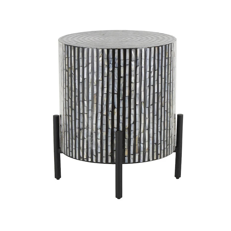 Table d'appoint d'appoint avec incrustation géométrique en nacre coquillage fait main | Pieds noirs | Multicolore | Intérieur