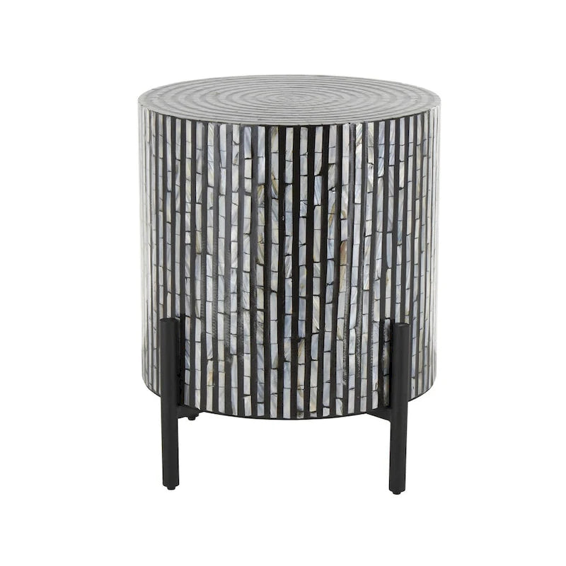 Table d'appoint d'appoint avec incrustation géométrique en nacre coquillage fait main | Pieds noirs | Multicolore | Intérieur