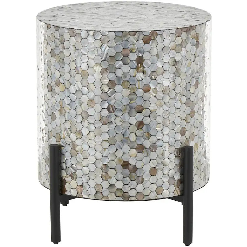 Table d'appoint d'appoint avec incrustation géométrique en nacre coquillage fait main | Pieds noirs | Multicolore | Intérieur