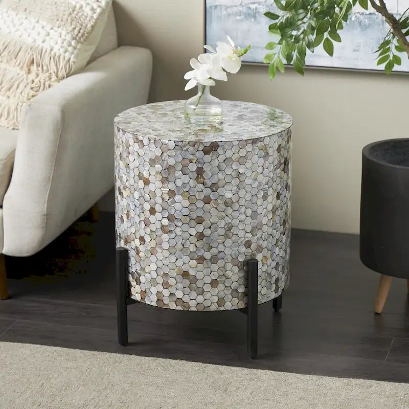 Table d'appoint d'appoint avec incrustation géométrique en nacre coquillage fait main | Pieds noirs | Multicolore | Intérieur