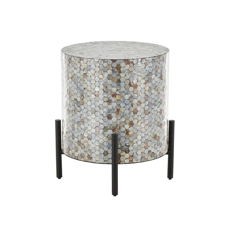 Table d'appoint d'appoint avec incrustation géométrique en nacre coquillage fait main | Pieds noirs | Multicolore | Intérieur